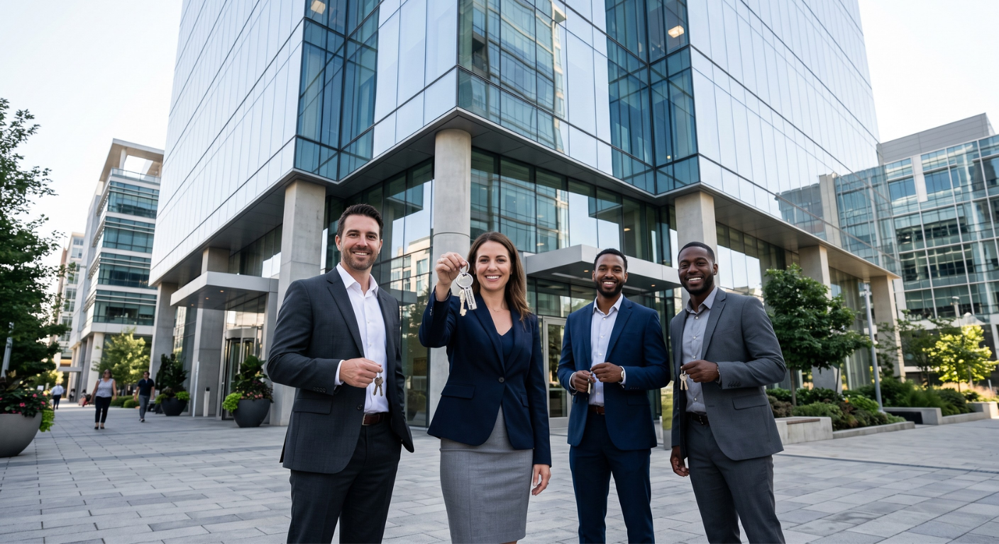 CRE Realtors holding keys at a new property